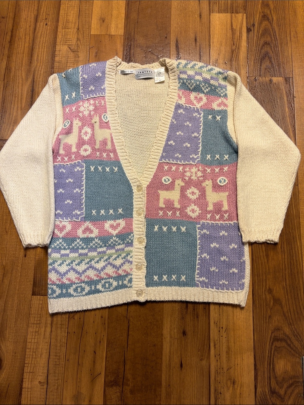 Vintage Jantzen Classic Llama Cardigan Pastel Patchwork Size Large EUC
